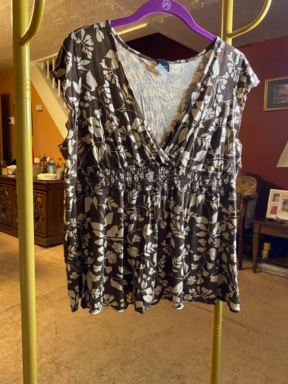 Women’s Brown Floral V-Neck Smocked Waist Top